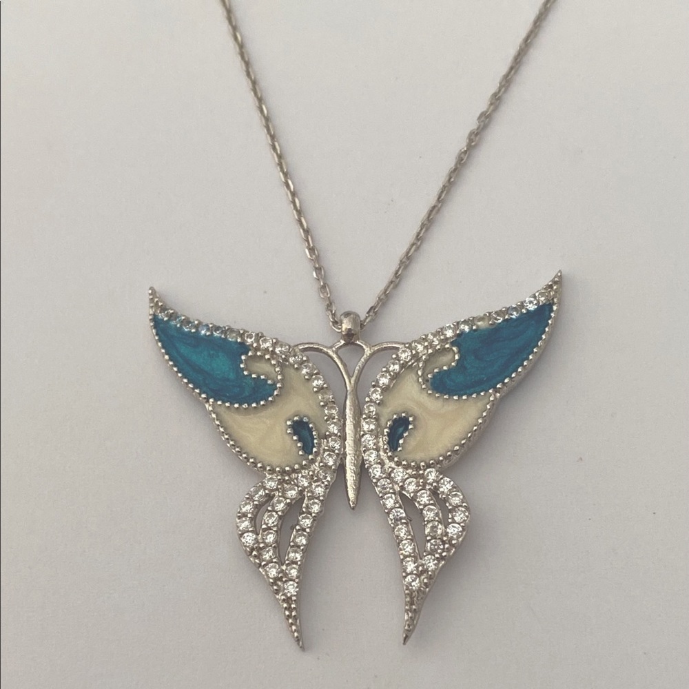 🦋925 Silver blue butterfly enamel necklace clear cubic zirconia cz stones
